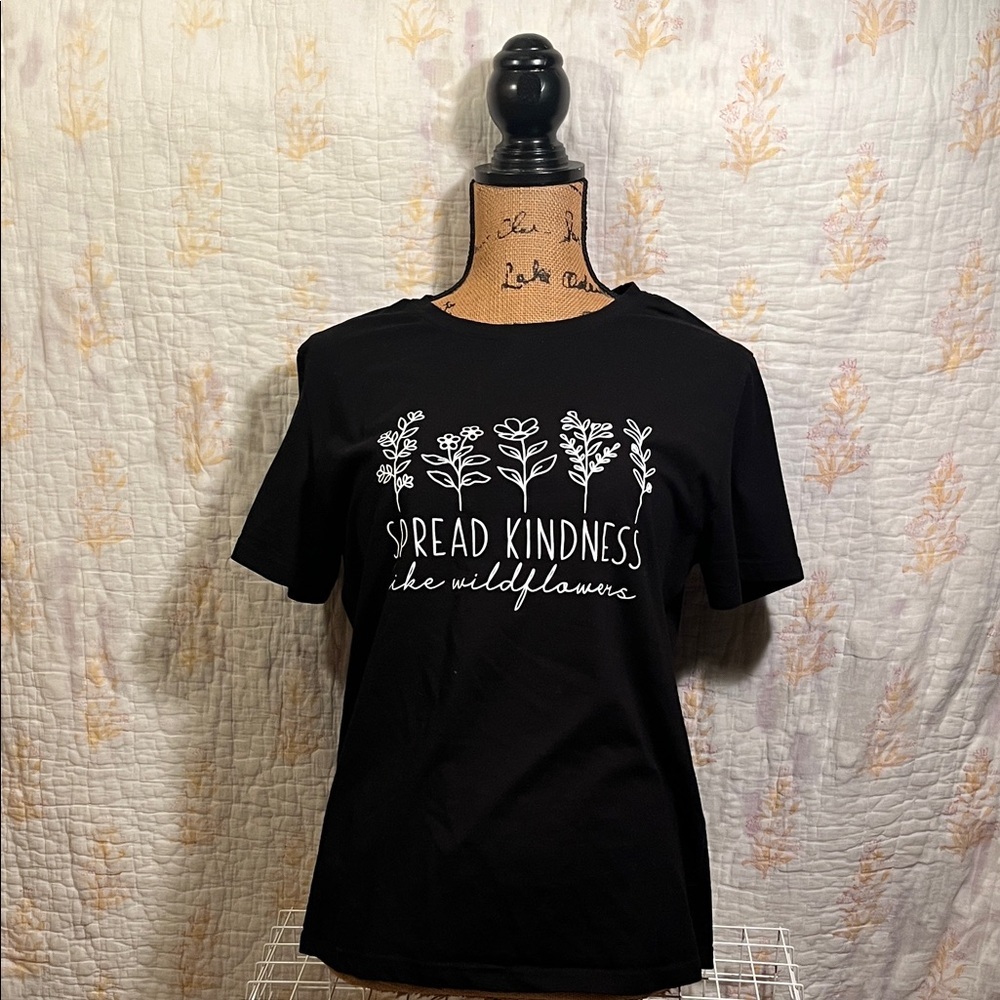 Black Graphic Tee with White Floral Design women’s cut size large
